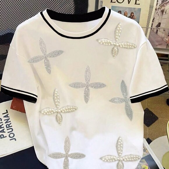 Multicolor Casual Women's Pearl Decor Round Neck Short Sleeve Knit T-Shirt - Picture 1 of 4